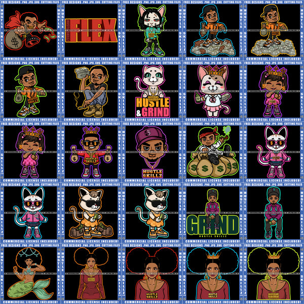 Bundle 25 Flex Hustle Grind Melanin Woman Afro Puff Cute Girl Money Bag Cat SVG PNG JPG Cut Files For Silhouette Cricut and More!