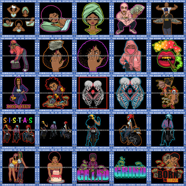 Bundle 20 Boss Queen Grind Self Care Gangster Man Hustler Ski Mask Sistas Motorcycle Chicks Sexy Rider Skull Couple True Love SVG PNG JPG Cut Files For Silhouette Cricut and More!