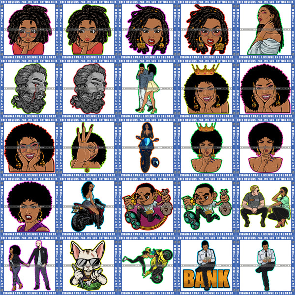 Bundle 25 Melanin Woman Locs Dreads Hairstyle Afro Girl Biker Woman Couple Gangster Hustler Man Mix Bundle SVG PNG JPG Cut Files For Silhouette Cricut and More!
