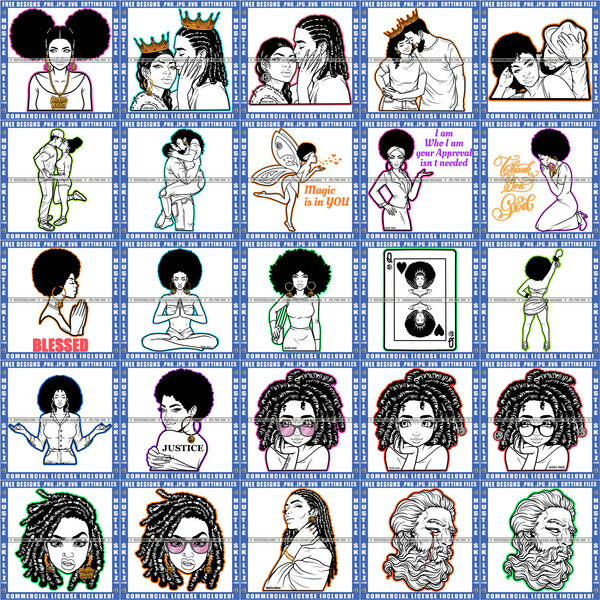 Bundle 25 Queen Couple Melanin Woman Locs Hair Woman Praying Yoga Mix Bundle B/W SVG PNG JPG Cut Files For Silhouette Cricut and More!
