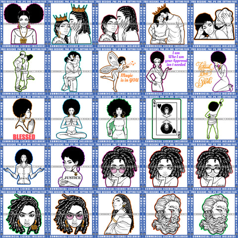 Bundle 25 Queen Couple Melanin Woman Locs Hair Woman Praying Yoga Mix Bundle B/W SVG PNG JPG Cut Files For Silhouette Cricut and More!