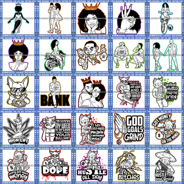 Bundle 25 Melanin Woman Weed Cannabis Quote Queen Bank Hustler Couple Mix Bundle B/W SVG PNG JPG Cut Files For Silhouette Cricut and More!