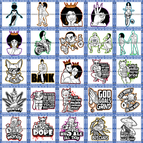 Bundle 25 Melanin Woman Weed Cannabis Quote Queen Bank Hustler Couple Mix Bundle B/W SVG PNG JPG Cut Files For Silhouette Cricut and More!