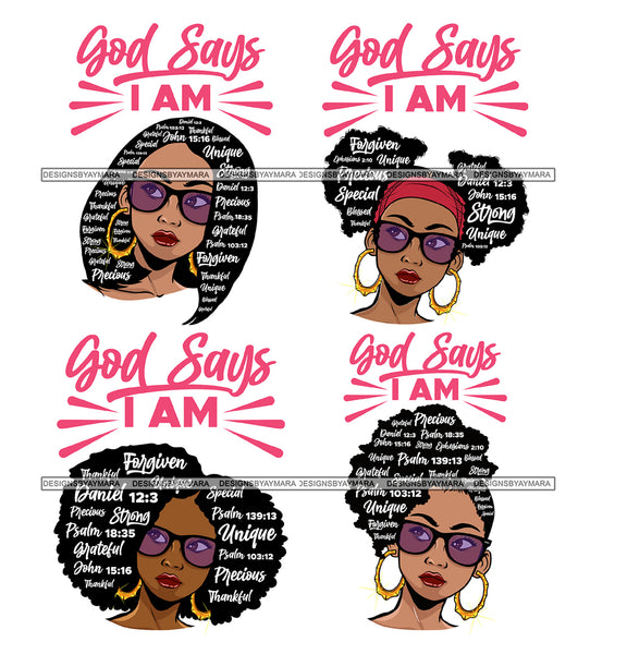 Bundle 4  Afro Lola God Says I'm Forgiven Unique Strong Educated Black Woman Lady Nubian Queen Melanin Popping SVG Cutting Files For Silhouette Cricut and More