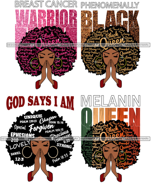 Bundle 4 Afro Woman Praying God Says I'm Phenomenally Black Breast Cancer Warrior  Melanin Queen SVG Files For Cutting and More!