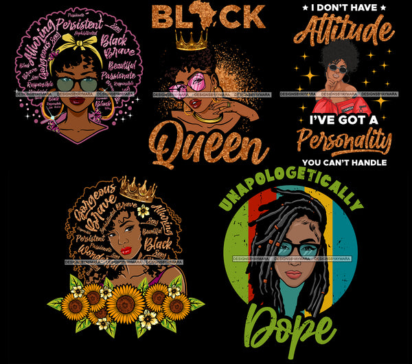 Bundle 5 Afro Black Women Unapologetically Dope Melanin Black Queen Quotes Diva Layered SVG Cut Files For Silhouette Cricut and More!