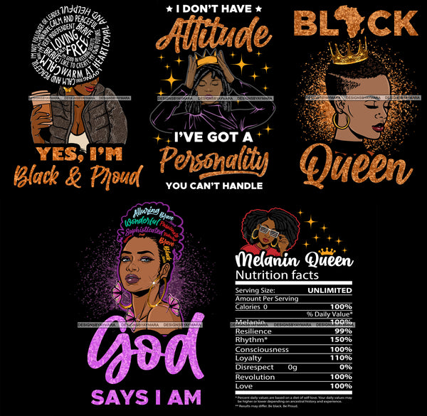 Bundle 5 Afro Black Women Phenomenally Black Melanin Queen Nutrition Facts Unapologetically Dope Quotes Diva Layered SVG Cut Files For Silhouette Cricut and More!