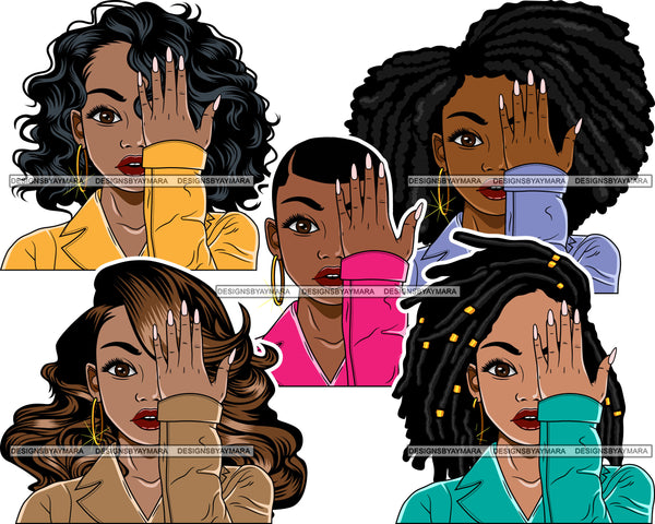 Bundle 5 Afro Lola Queen Boss Lady Covering Face With Hand Black Girl Magic Nubian Melanin Popping  SVG Cutting Files For Silhouette Cricut and More