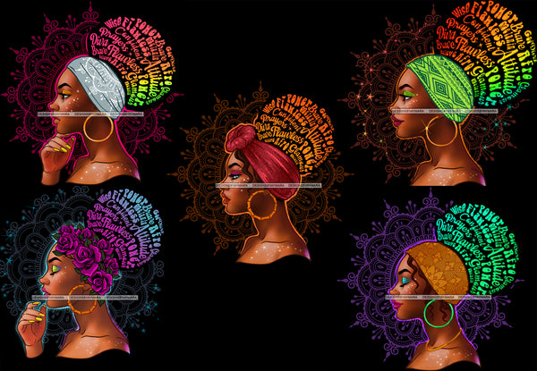 Bundle 5 Afro Woman Messy Bun Puff Brave Flawless Attitude Power Hair Quotes Black Girl Magic Melanin Popping Nubian Queen JPG PNG Clipart