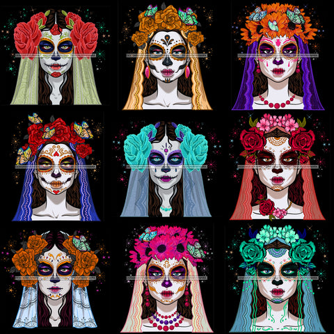 Bundle 9 Day Of The Dead Woman Costume Mexican Celebration Skeleton Party Floral Festival  De La Calavera JPG PNG Files For Silhouette Cricut and More