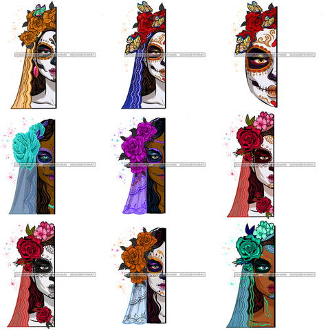 Bundle 9 Half Face Woman Day Of The Dead Costume Mexican Celebration Skeleton Party Floral Festival  De La Calavera JPG PNG Files For Silhouette Cricut and More