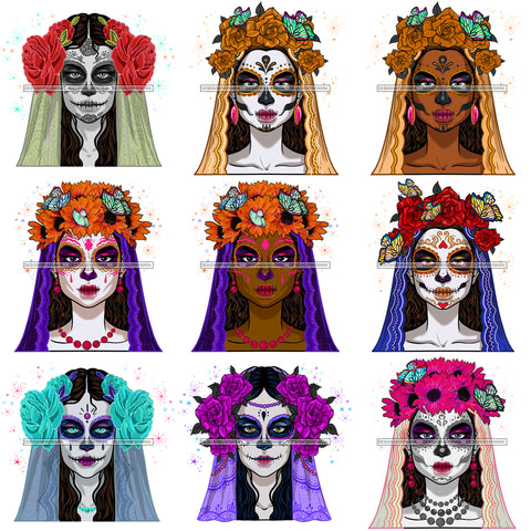 Bundle 9 Day Of The Dead Woman Costume Mexican Celebration Skeleton Party Floral Festival  De La Calavera JPG PNG Files For Silhouette Cricut and More
