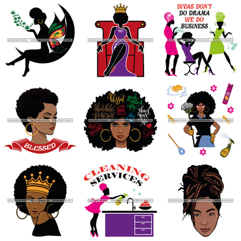 Bundle 9 Afro Woman SVG Hot Selling Designs Black Girl Magic Melanin Popping Hipster Girls SVG JPG PNG Layered Cutting Files For Silhouette Cricut and More