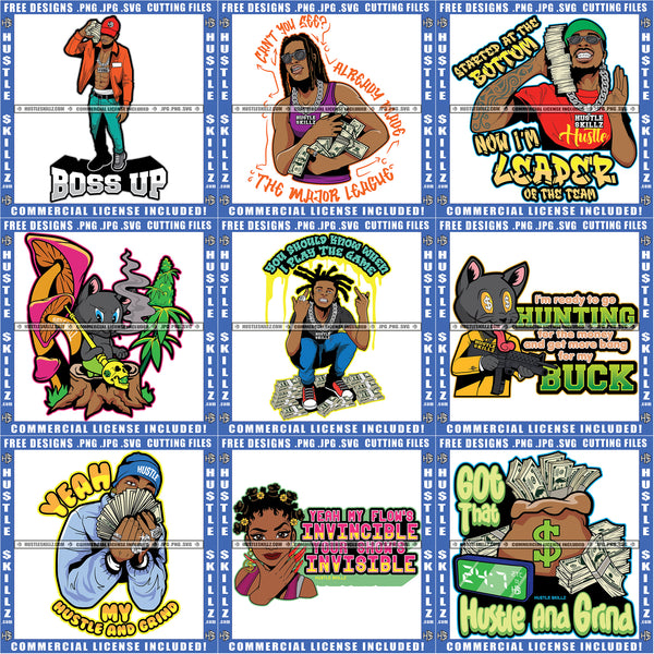 Bundle 9 Boss Gangster Gangsta Man Street Boy Money Hustler Hustling Cash Grind SVG PNG JPG Cut Files For Silhouette Cricut and More!