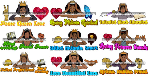 Bundle 9 Afro Queen Talented Educated Loving Quotes Nubian Melanin SVG Cutting Files For Silhouette Cricut and More
