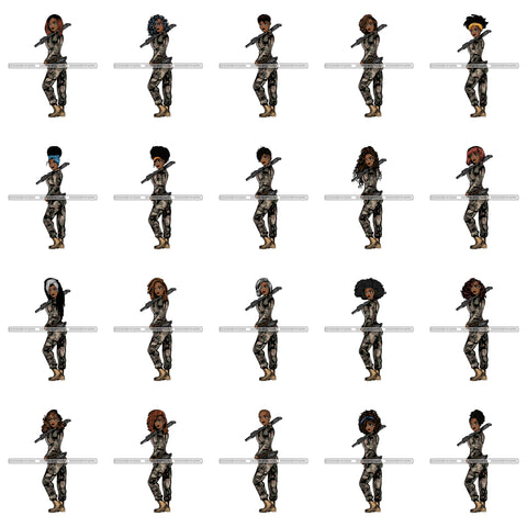 Bundle 20 Afro Lola Woman Warrior Military Army Soldier War Camouflage USA Uniform .SVG Clipart Vector Cutting Files For Circuit Silhouette Cricut and More!