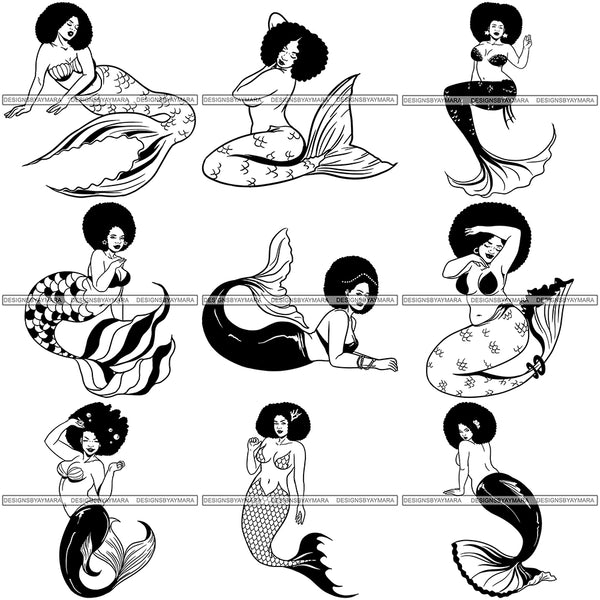 Bundle 9 Afro Black Woman Mermaid Aquatic Creature  SVG Cutting File For Silhouette and Cricut