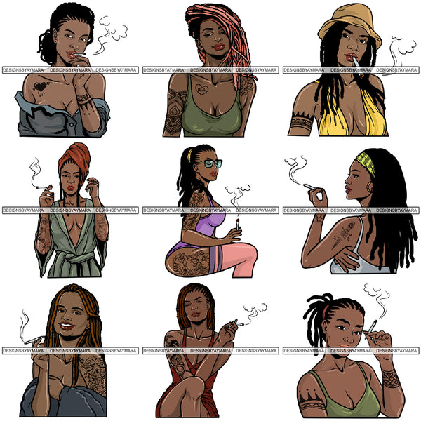 Bundle 9 Woman Smoking Pot Blunt Weed 420 Bond Cannabis Medical Marijuana Stone High Life Smoker Drug .SVG .EPS .PNG .JPG Vector Clipart Perfect for Print Not For Cutting