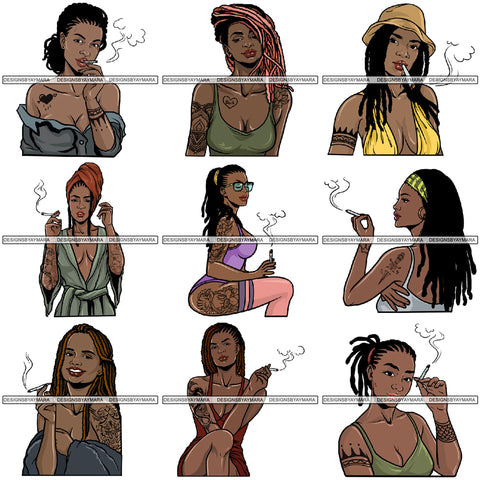 Bundle 9 Woman Smoking Pot Blunt Weed 420 Bond Cannabis Medical Marijuana Stone High Life Smoker Drug .SVG .EPS .PNG .JPG Vector Clipart Perfect for Print Not For Cutting