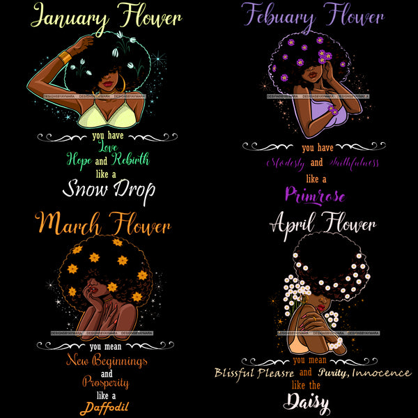 Bundle 12 Birthday Flowers Girls African American Woman Melanin Nubian Afro Hairstyle JPG PNG Files For Silhouette Cricut and More