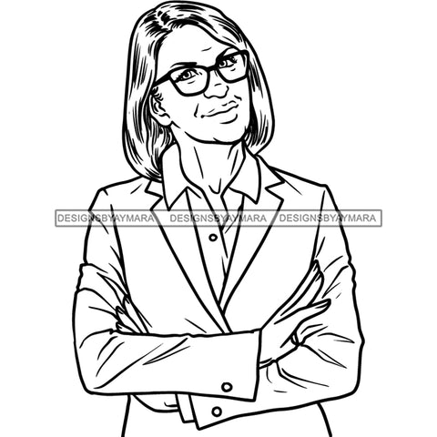 Afro Mature Woman Posing Portrait Nubian Classy Flawless Black Magic Glasses Short Straight Hairstyle B/W SVG JPG PNG Designs Cricut Silhouette Cut Cuttings