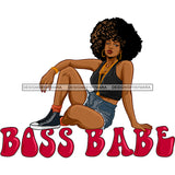 Big Afro Wearing Black Sister Sitting On Boss Babe Word Image Red Glitter Jean Shorts High Top Sneakers Gold Necklace Halter Quote Graphic  Skillz JPG PNG  Clipart Cricut Silhouette Cut Cutting