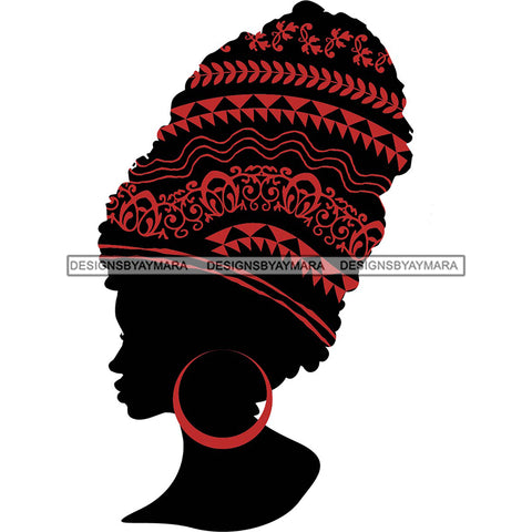 Side View Black Silhouette Woman Red Wrap Hair Red Hoop Earrings SVG JPG PNG Vector Clipart Cricut Silhouette Cut Cutting