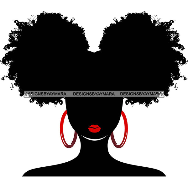 Black Silhouette Woman Afro Puffs Red Lips Red Hoops SVG JPG PNG Vector Clipart Cricut Silhouette Cut Cutting