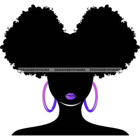 Black Silhouette Woman Afro Puffs Purple Lips Purple Hoops SVG JPG PNG Vector Clipart Cricut Silhouette Cut Cutting