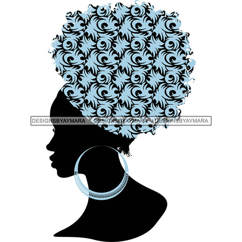 Side View Black Silhouette Woman  Blue Curly Hair Blue Hoop Earrings SVG JPG PNG Vector Clipart Cricut Silhouette Cut Cutting