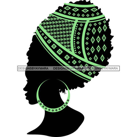 Side View Black Silhouette Woman Green Wrap Hair Green Hoop Earrings SVG JPG PNG Vector Clipart Cricut Silhouette Cut Cutting