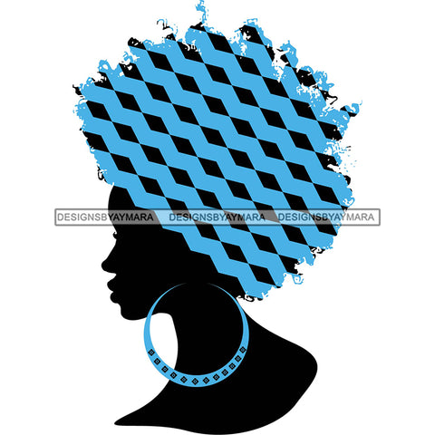 Side View Black Silhouette Woman Blue Wrap Hair Blue Hoop Earrings SVG JPG PNG Vector Clipart Cricut Silhouette Cut Cutting