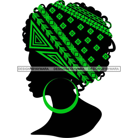 Side View Black Silhouette Woman Green Wrap Hair Green Hoop Earrings SVG JPG PNG Vector Clipart Cricut Silhouette Cut Cutting