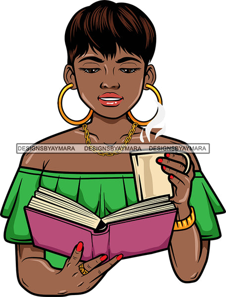 Afro Lola Reading A Book Education Smart Woman Drinking Coffee .SVG Cutting Files For Silhouette Cricut and More!