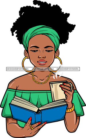 Afro Lola Reading A Book Education Smart Woman Drinking Coffee .SVG Cutting Files For Silhouette Cricut and More!