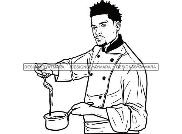 Chef Dress Boy French Beard Mustache Holding Spoon Pouring Liquid In Sauce Pan Wearing Hat Black And White Vector SVG JPG PNG Clipart Cricut Silhouette Cut Cutting