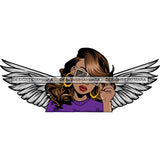 Black Goddess Angel Angelic Wings Glasses Hoop Earrings Long Wavy Hairstyle SVG JPG PNG Vector Clipart Cricut Silhouette Cut Cutting