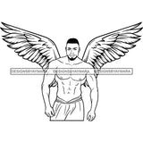 Black Handsome Angel Wings Muscular Lovely Shirtless Goatee Beard Trendy Hairstyle B/W SVG JPG PNG Vector Clipart Cricut Silhouette Cut Cutting
