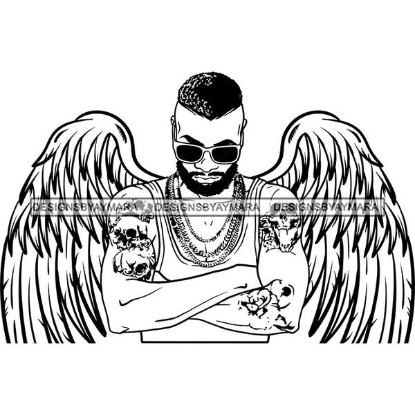 Black Handsome Angel Wings Skulls Arms Tattoo Sunglasses Chain Necklaces Style B/W SVG JPG PNG Vector Clipart Cricut Silhouette Cut Cutting