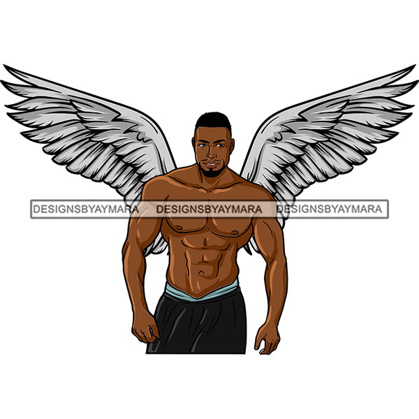Black Handsome Angel Wings Muscular Lovely Shirtless Goatee Beard Trendy Hairstyle SVG JPG PNG Vector Clipart Cricut Silhouette Cut Cutting