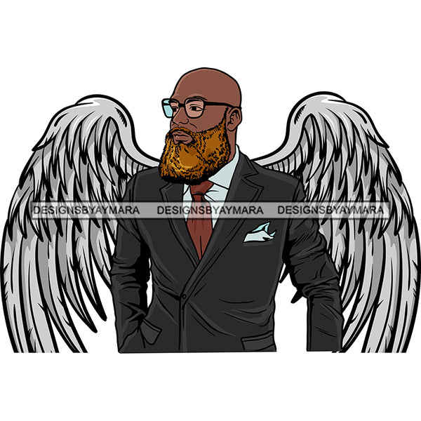 Black Handsome Angel Wings Bearded Bald Elegant Suit Glasses Fashion Style SVG JPG PNG Vector Clipart Cricut Silhouette Cut Cutting