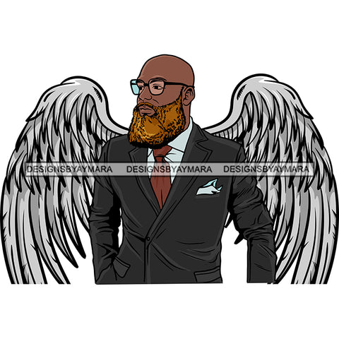 Black Handsome Angel Wings Bearded Bald Elegant Suit Glasses Fashion Style SVG JPG PNG Vector Clipart Cricut Silhouette Cut Cutting