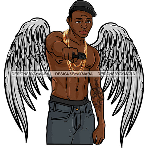 Black Handsome Angel Wings Shirtless Holding Gun Arm Tattoo Baseball Cap Style SVG JPG PNG Vector Clipart Cricut Silhouette Cut Cutting