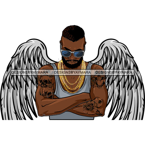Black Handsome Angel Wings Skulls Arms Tattoo Sunglasses Chain Necklaces Style SVG JPG PNG Vector Clipart Cricut Silhouette Cut Cutting