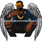 Black Handsome Angel Wings Squatting Beard Sunglasses Ripped Jeans Fashion Style SVG JPG PNG Vector Clipart Cricut Silhouette Cut Cutting