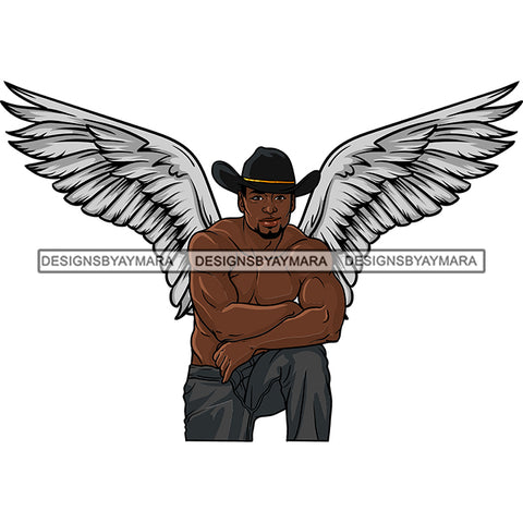 Black Handsome Angel Angelic Wings Smiling Shirtless Cowboy Hat Style SVG JPG PNG Vector Clipart Cricut Silhouette Cut Cutting