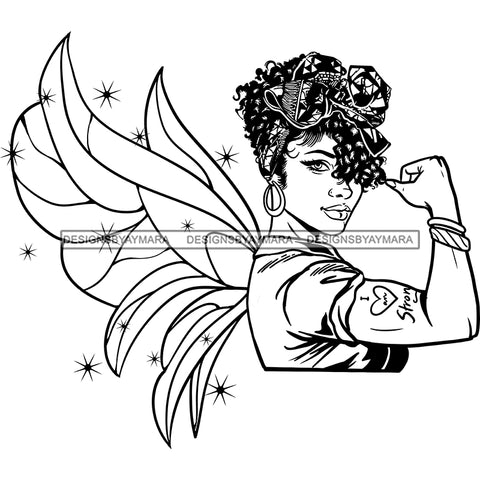 Afro Sassy Black Woman Butterfly Wings Strong Bicep Arm Tattoo B/W SVG JPG PNG Vector Clipart Cricut Silhouette Cut Cutting