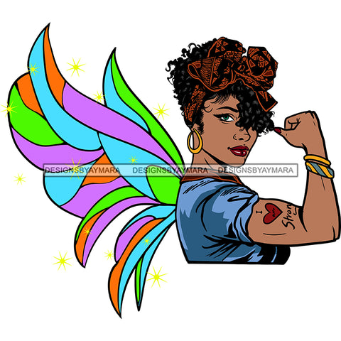 Afro Sassy Black Woman Butterfly Wings Strong Bicep Arm Tattoo SVG JPG PNG Vector Clipart Cricut Silhouette Cut Cutting
