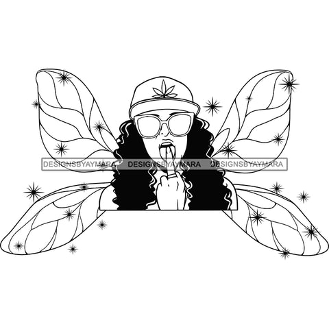 Afro Sassy Black Woman Butterfly Wings Sunglasses Marihuana Plant Beanie Hat B/W SVG JPG PNG Vector Clipart Cricut Silhouette Cut Cutting