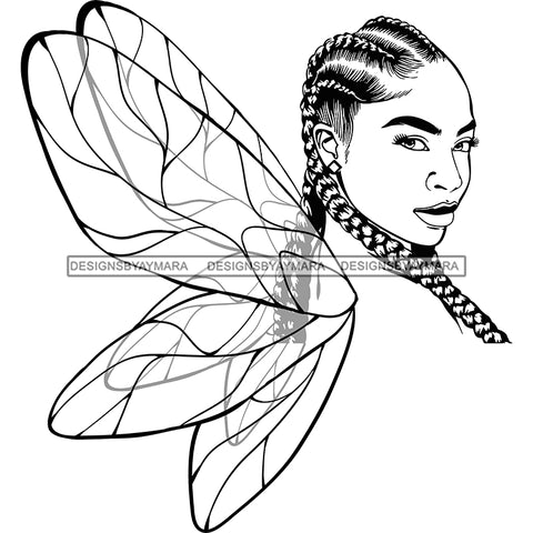Afro Sassy Black Woman Butterfly Wings Cornrows Hairstyle B/W SVG JPG PNG Vector Clipart Cricut Silhouette Cut Cutting